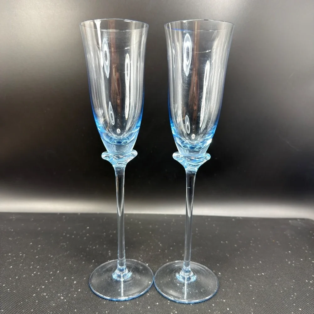 Cristal D'Arques Blue Champagne Flutes Set of 2 Lead Crystal 9.5 Inch Tall Glass